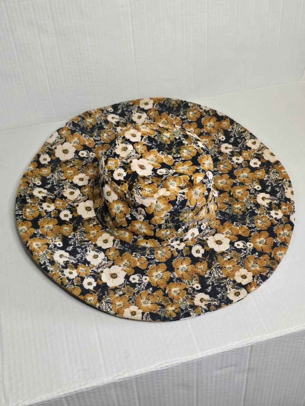 Anthropologie Corduroy Floral Bucket Hat Wide Brim Black Gold White Boho OS